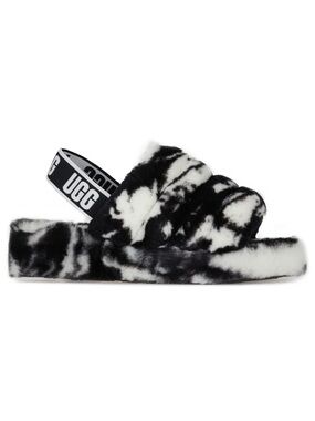 UGG women Black & White Marbled Fluff Slide with Logo Strap